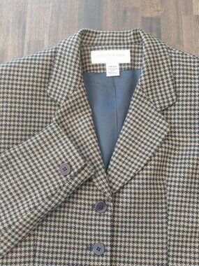 Jones New York Blazer Womens 4 Petite Brown Houndstooth 100% Pure Worsted Wool.